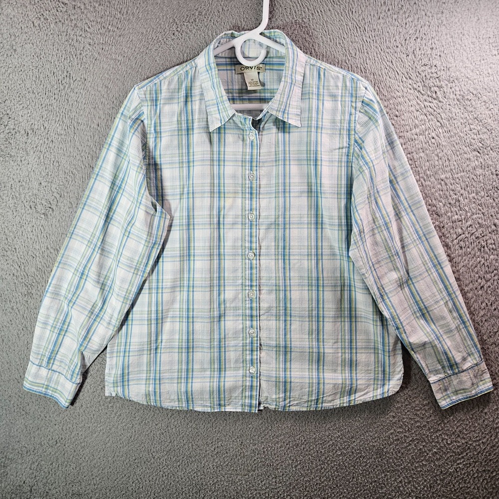 Orvis Shirt Women Size 12 Button Up Long‎ Sleeve White Blue Plaid